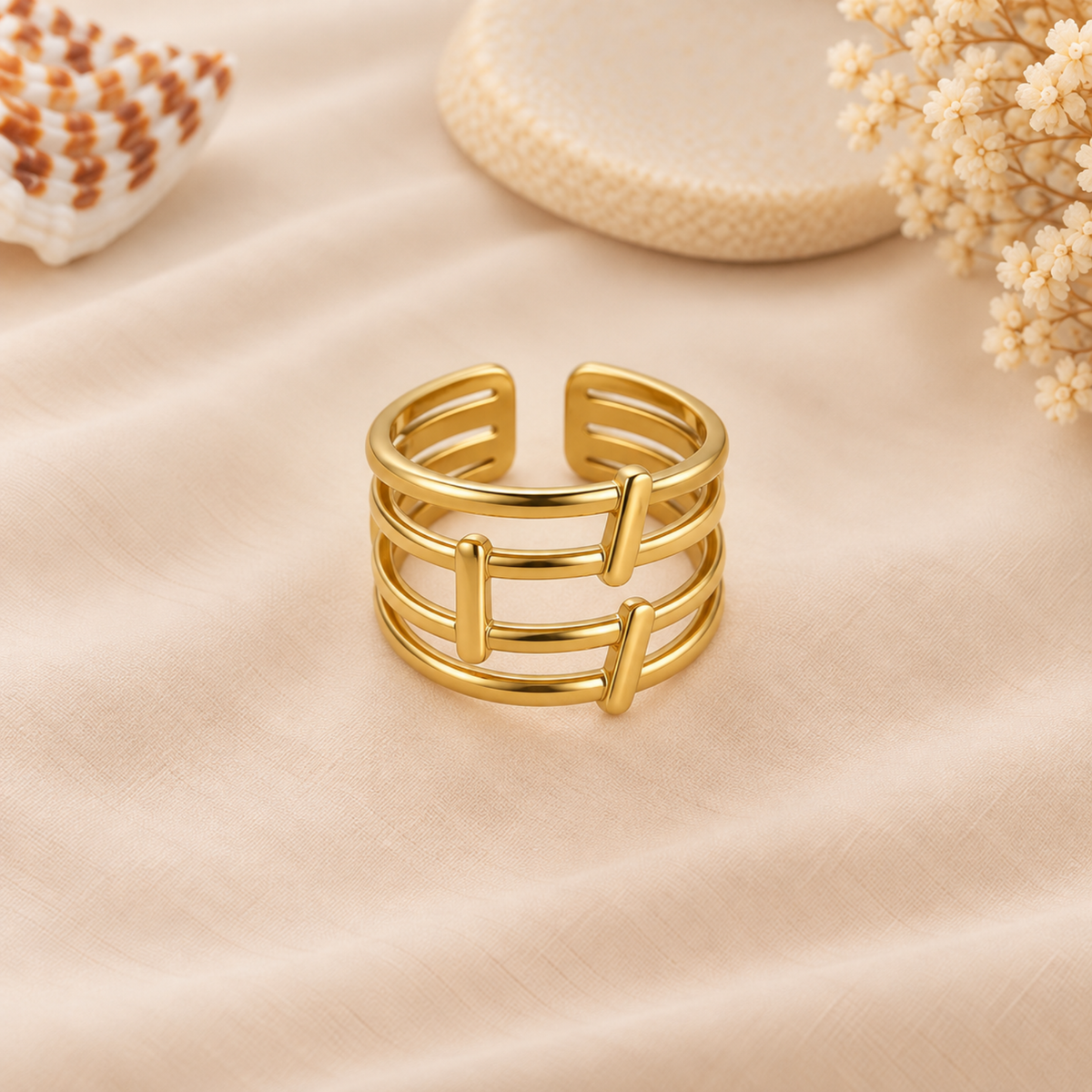 Multi-Band Geometric Cross-Bar Gold Ring