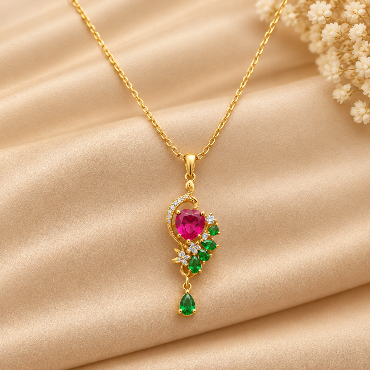 Ruby Heart Peacock Pendant Necklace