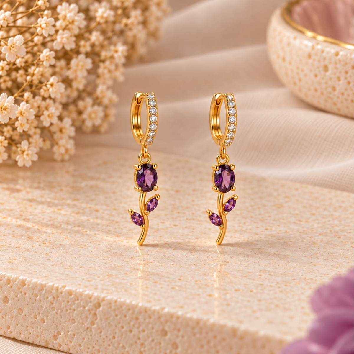 Amethyst Bloom Huggie Hoop Earrings