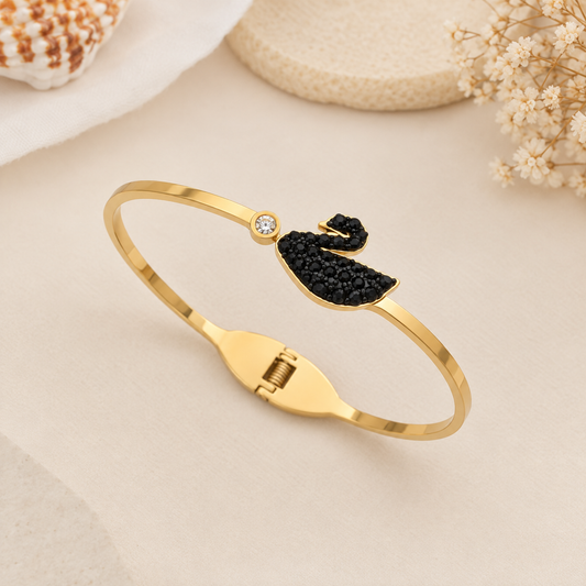 Black Crystal Swan Gold Bangle