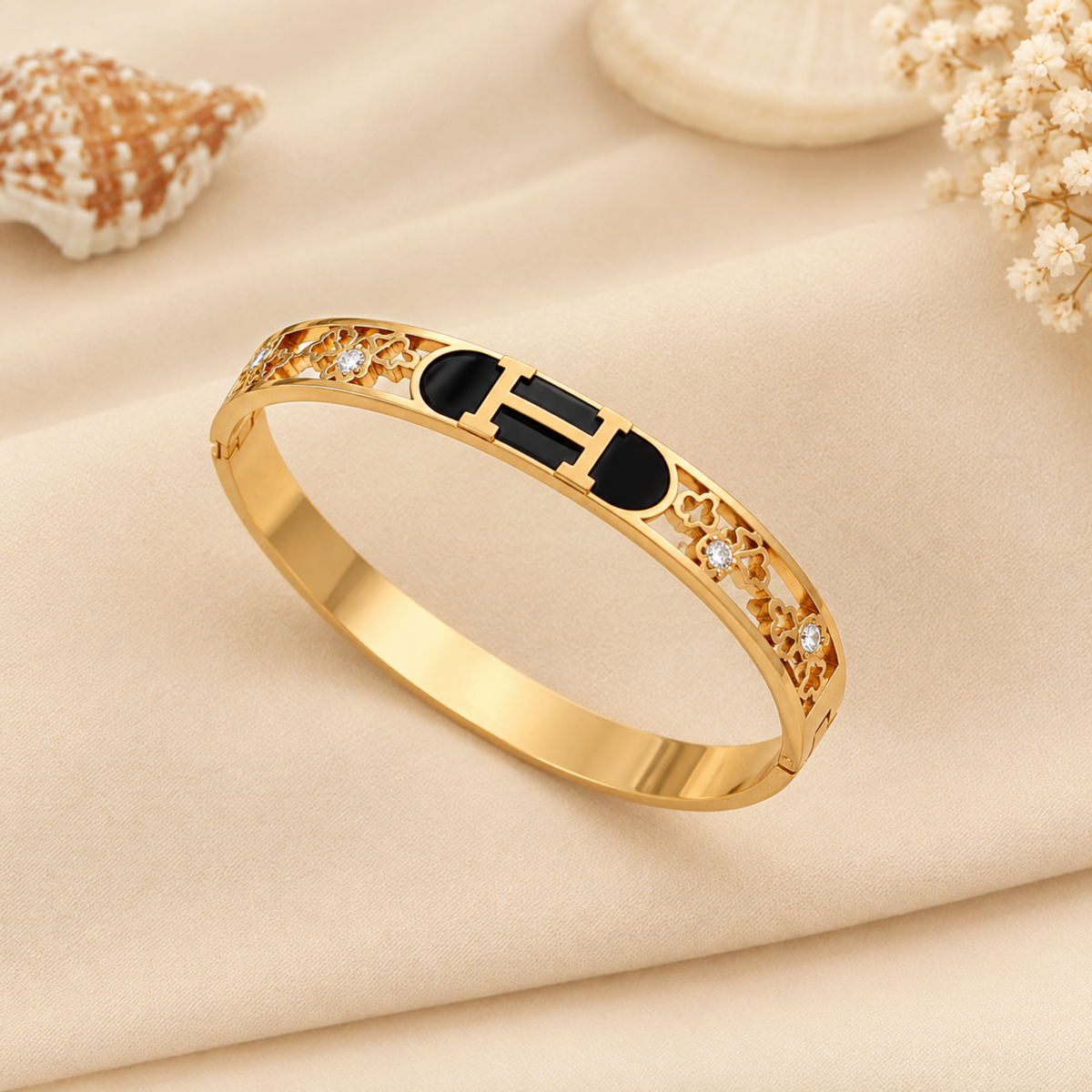 Black Enamel Initial H Clover Gold Bangle