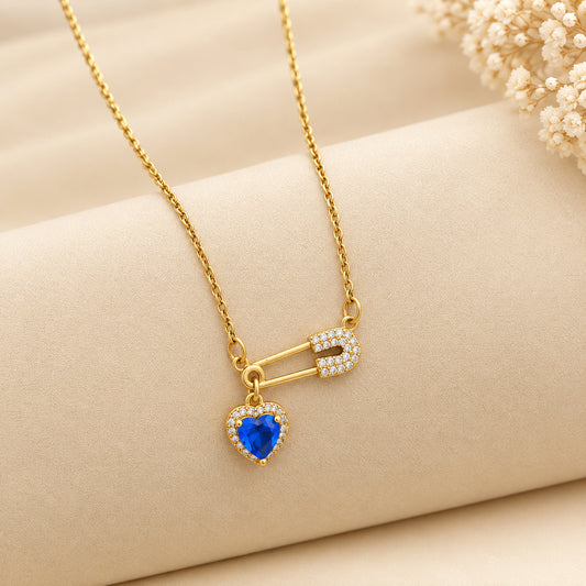Blue Crystal Heart Safety Pin Necklace