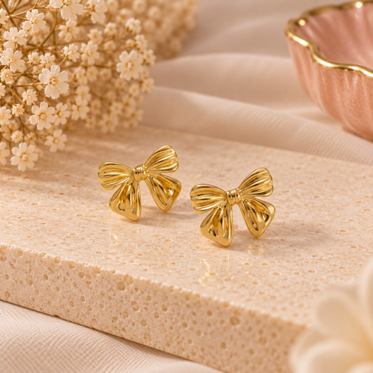 Dainty Gold Ribbon Bow Stud Earrings