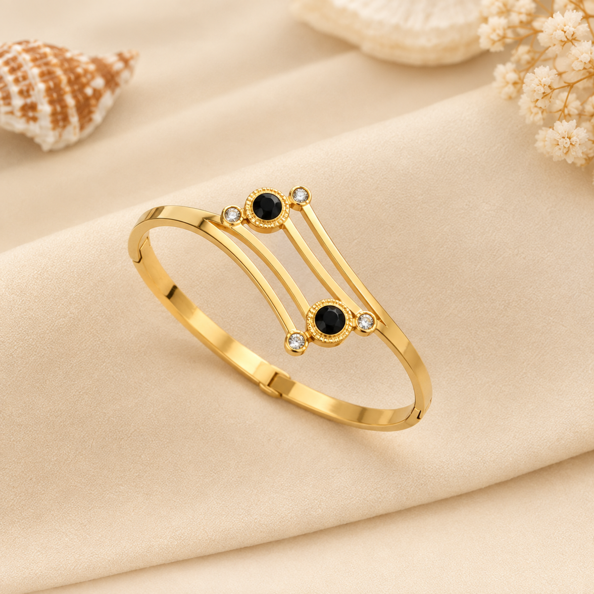 Dual Black Stone Multi-Wire Gold Bangle