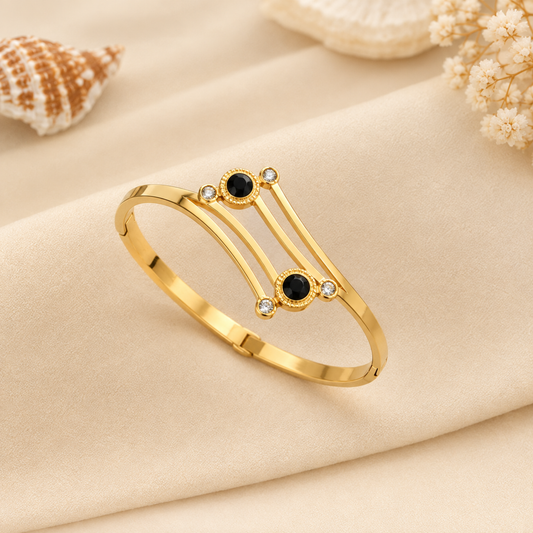 Dual Black Stone Multi-Wire Gold Bangle