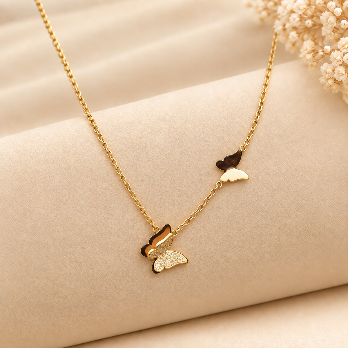 Dual Butterfly Pavé & Enamel Pendant Necklace
