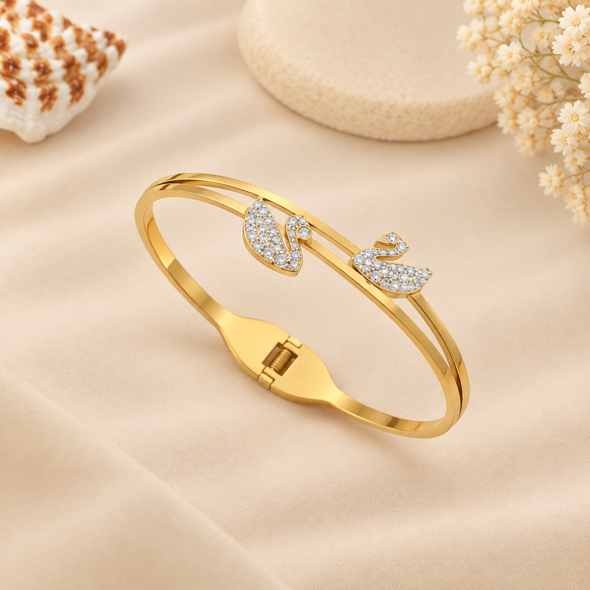 Dual Crystal Swan Gold Bangle
