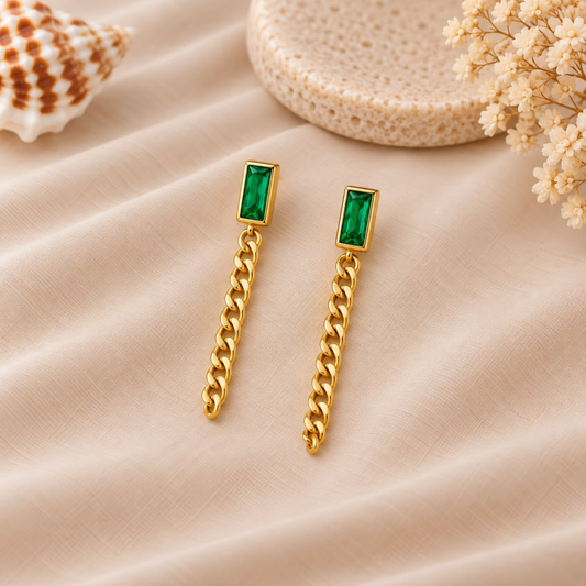 Emerald Baguette Chain Drop Earrings