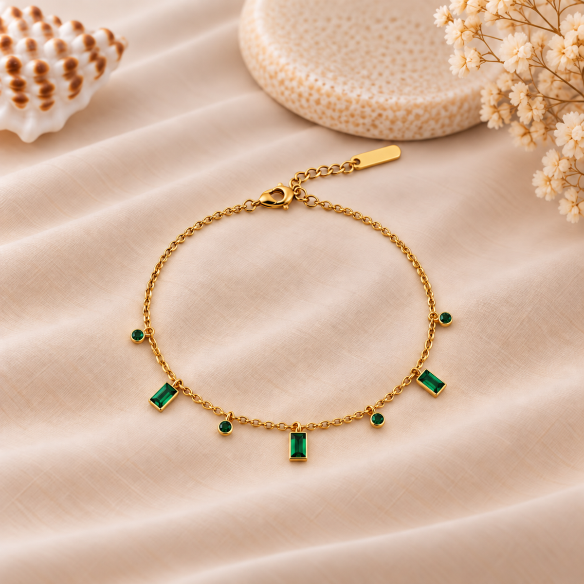 Emerald Baguette Crystal Station Anklet - Pair