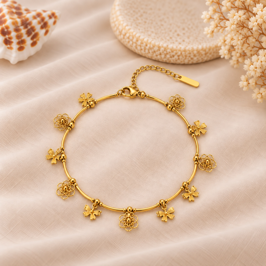 Filigree Floral Charm Anklet - Pair