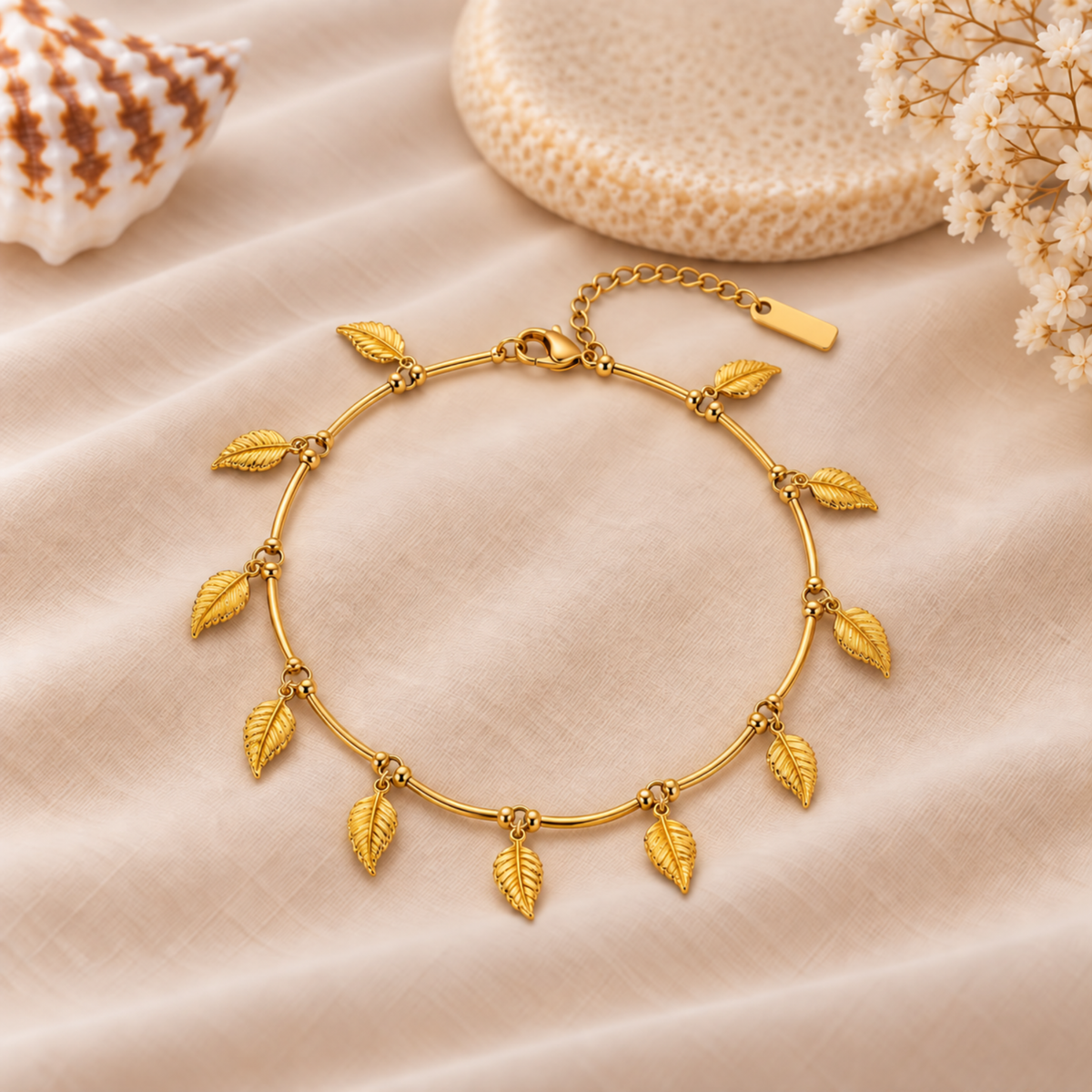 Golden Leaf Charm Anklet - Pair