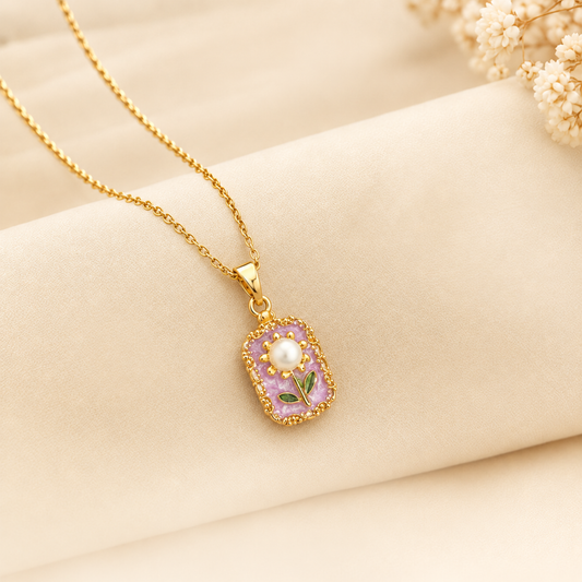 Lavender Enamel Pearl Flower Necklace