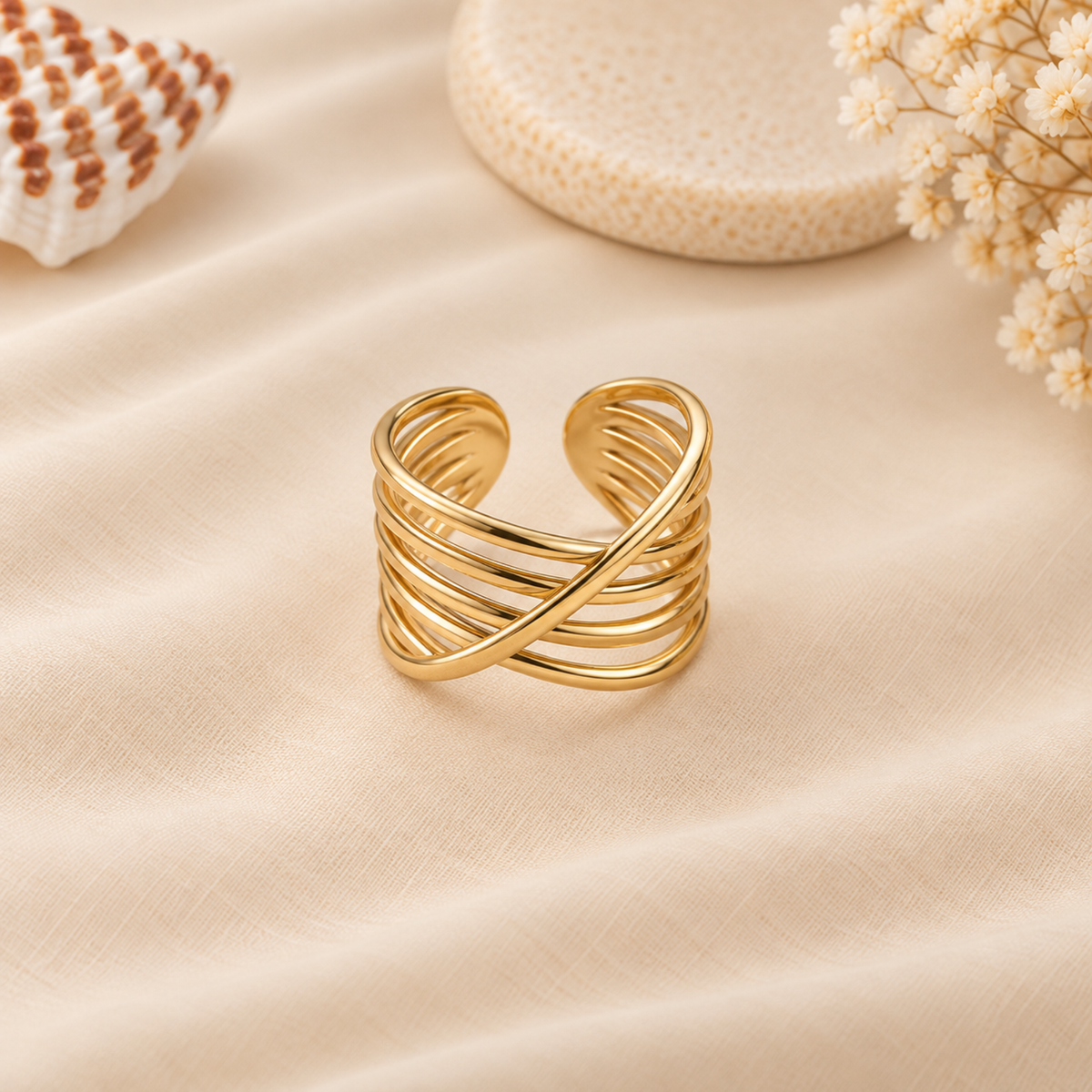 Layered Multi-Line Crossover Gold Ring
