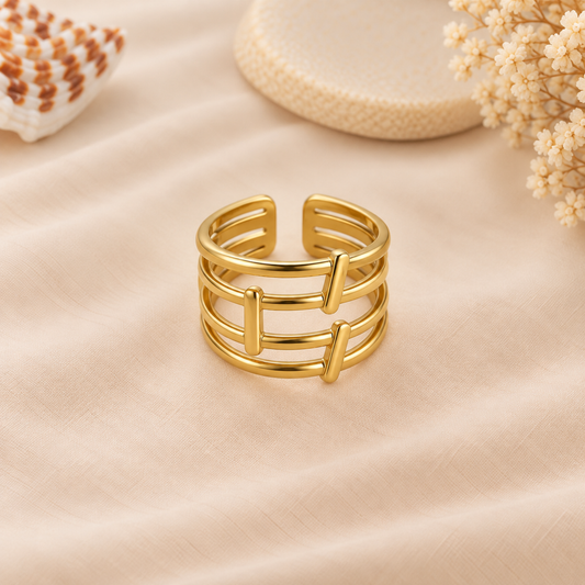 Multi-Band Geometric Cross-Bar Gold Ring