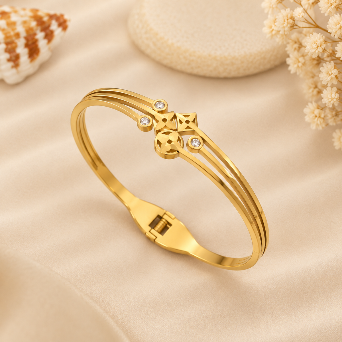 Multi-Motif Clover Crystal Gold Bangle