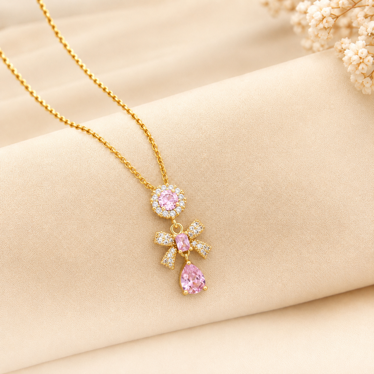 Pink Bow Drop Necklace