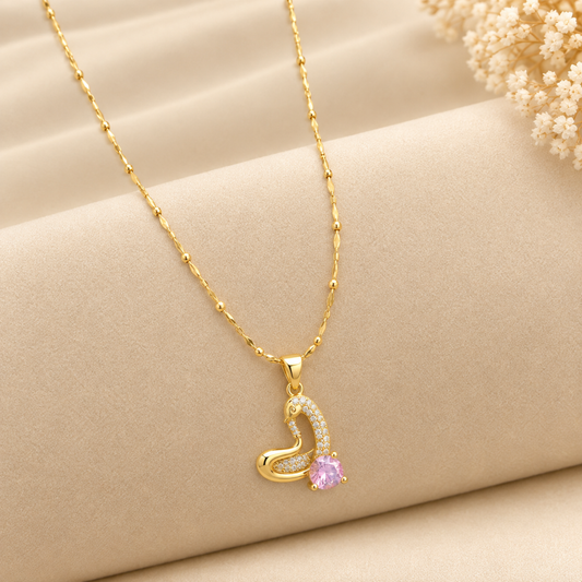 Pink Crystal Swan Heart Necklace