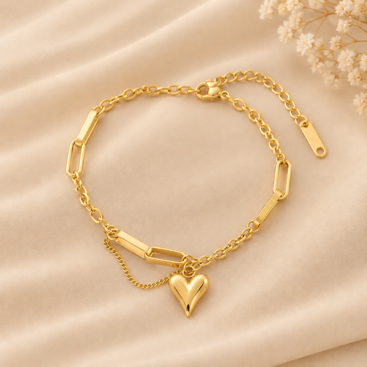 Puffy Heart Layered Link Gold Bracelet