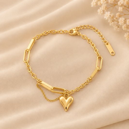 Puffy Heart Layered Link Gold Bracelet