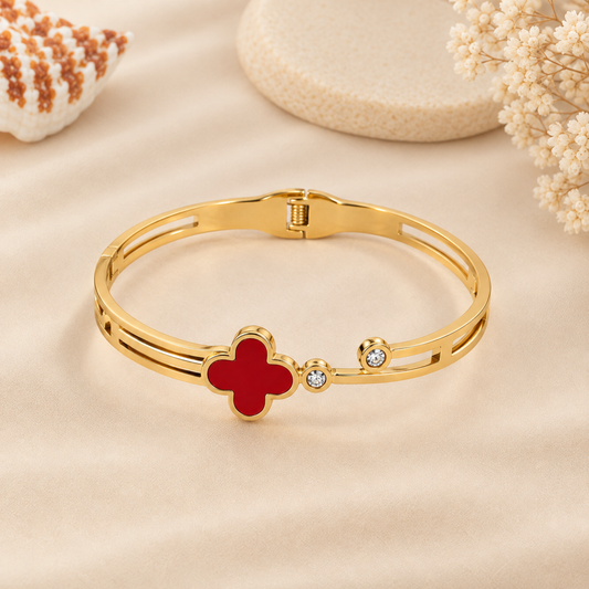 Red Clover Crystal Accent Gold Bangle