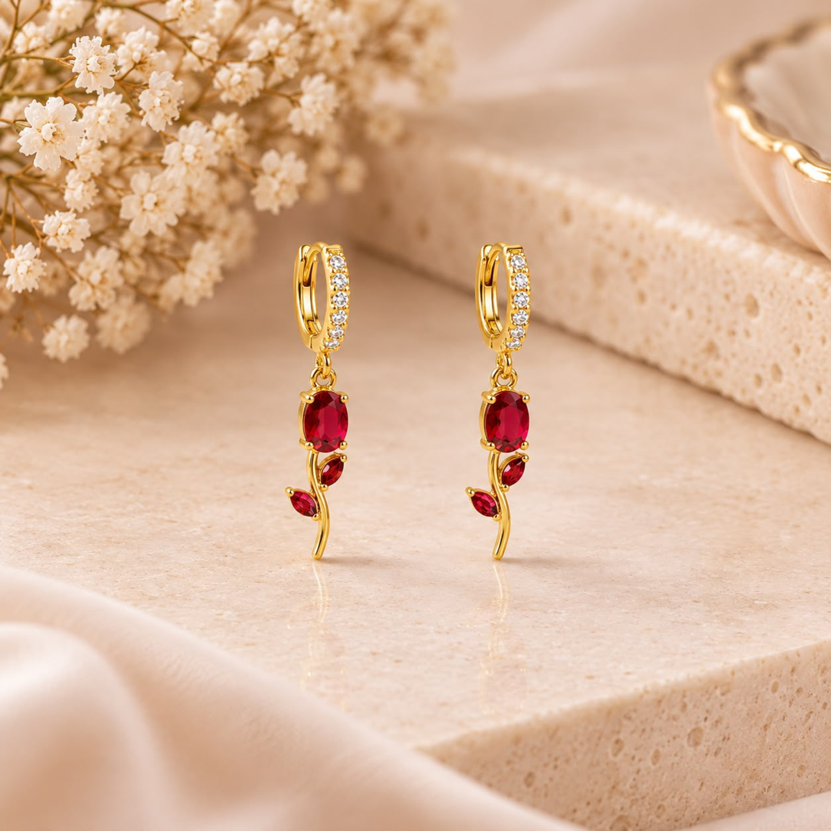 Ruby Blossom Huggie Hoop Earrings