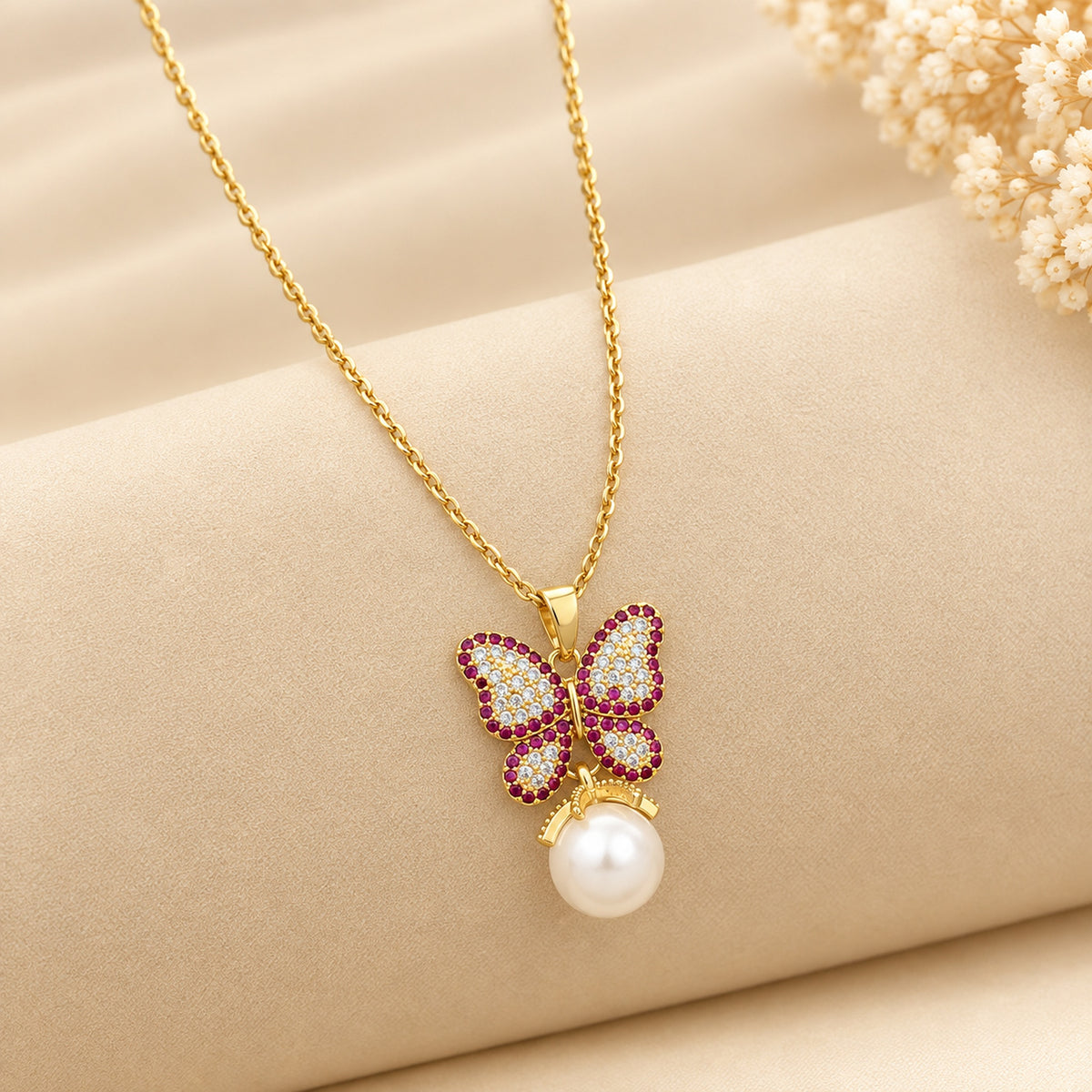 Ruby Crystal Butterfly Pearl Necklace