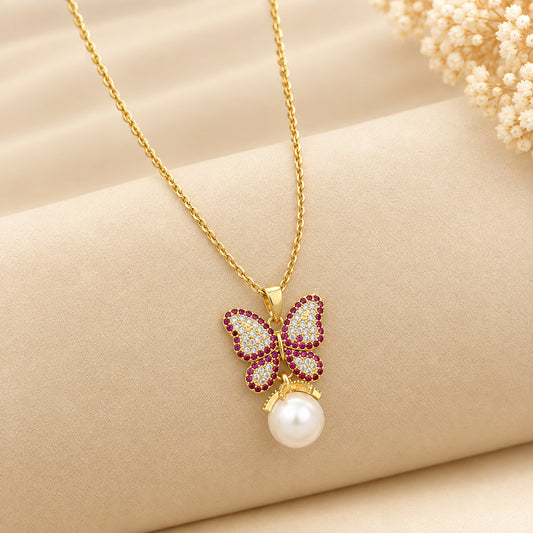 Ruby Crystal Butterfly Pearl Necklace