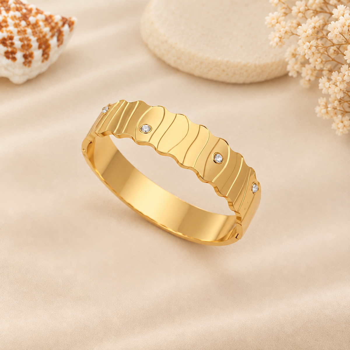 Scalloped Crystal Accented Gold Bangle
