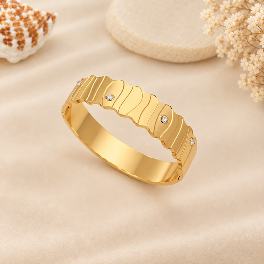 Scalloped Crystal Accented Gold Bangle