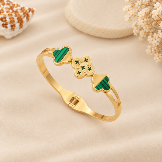 Triple Clover Malachite Gold Bangle