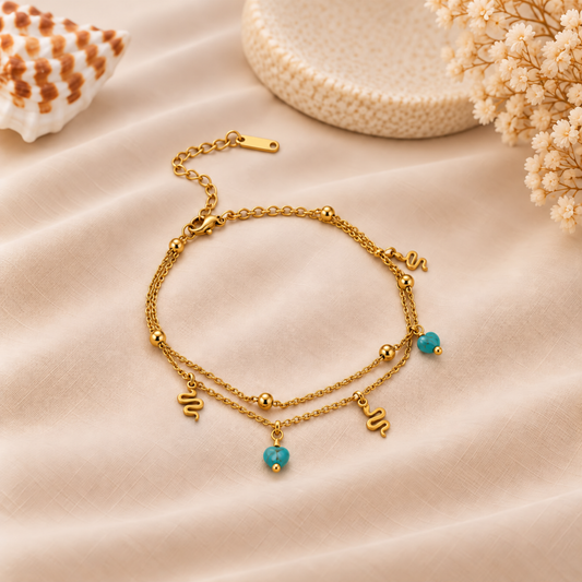 Turquoise Heart & Snake Charm Anklet - Pair